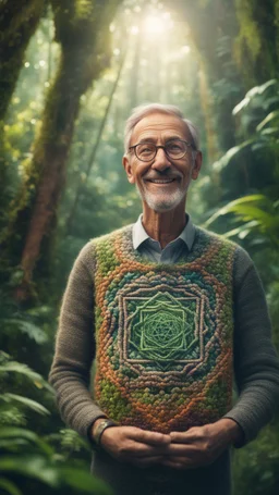 portrait of a happy blissed professor woven into a sacred geometry knitted tapestry tower in the middle of lush magic jungle forest, bokeh like f/0.8, tilt-shift lens 8k, high detail, smooth render, down-light, unreal engine, prize winning