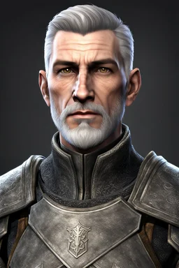 An old male imperial legion soldier from Skyrim with brown eyes, short gray hair and a light beard, Roman Legion style