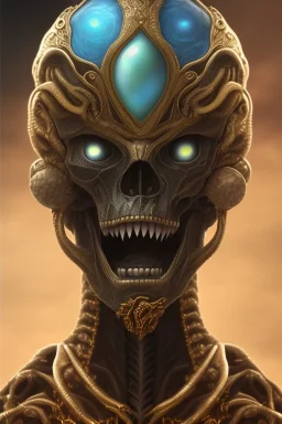 black African alien, cracks in the head, wicked, Asian eyes, crown, blood, 8k, finely detailed, photo realistic, Boris Vallejo style turquoise skull head gold dragon space alien rain skeleton silver helmet silver space suit spaceships