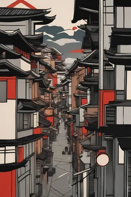 Brush painting, Ukiyo-e cityscape, An elevated view of a cityscape that combines traditional Japanese architecture with modern Scandinavian buildings, using bold brushstrokes and a limited color palette to convey the intersection of two distinct design sensibilities in the urban environment. Brush painting, contemporary fusion,