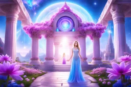 bellissima ragazza del futuro in piedi con dietro un tempio magico di un altro pianeta con tetto aperto in stile ferico con natura e fiori rosa e azzurri e cristalli e gemme in giardino con due colonne di luce e cielo aperto luminoso.