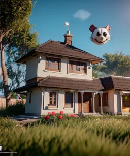 Cartoon pet with a smiley looking at a small house|mdjrny-v4 style| wide angle| intricate detailed| hyperrealistic| cinematic lighting| cinematic colors|hdr | unreal engine