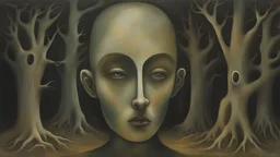 Skin bones stone face, dystopian environment, a forest can be seen through a hole in the side of the head, cracks and peeling in the face, a brain from another time, a portal to the distant future. Deep contrasting colors. Surrealism and abstraction by Leonora Carrington
