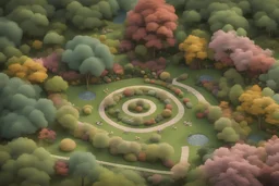 A play garden covered with trees and flowers. A high-resolution photo from the 90th angle, full of life and very detailed.