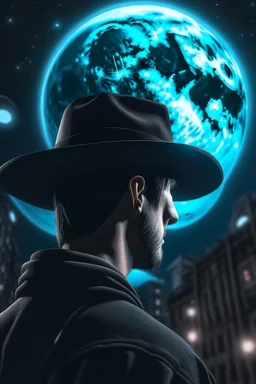 A small moon above a person's head wearing a hat with a cyberpunk background