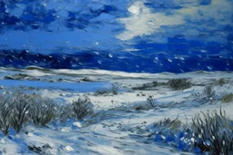 A dark blue tundra in winter season with falling snowflakes painted by Claude Monet