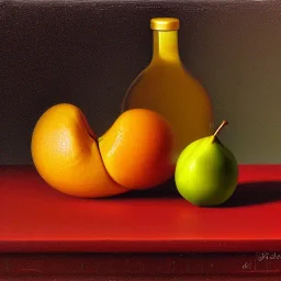 still life bottle half fruit