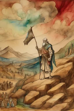 Moses stands on a mountain and holds a wooden staff, at his feet are fragments of stone tablets on which the 10 commandments were written, and below is a valley with the cities of Palestine of sands, tents and mountains. There is a silhouette of God in the sky. Everything is painted in watercolor