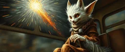 master oil painting by Rembrandt, scary ai sami white fox gremlin woman on buss through space comet shower , motion blur background