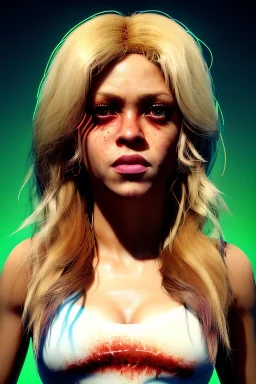 portrait, Shakira, blonde artist, angry, Realistic image, latex style dress. baseball bat, loose long hair, eyes make up, perfect, glow, circle iris. Neon colors, leds, geometric shapes. Dark background, photo studio, neon lights. Mad max, concept art, smooth, unreal engine 5, god lights, ray tracing, RTX, lumen lighting, ultra detail, volumetric lighting, 3d, finely drawn, high definition, 4k.