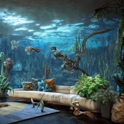 a gorgeous, stunning underwater livingroom with paned glass wall, dark wood floor, plants, stones, sofa and chairs, 8k resolution, high-quality, fine-detail, digital art, detailed matte, volumetric lighting, illustration, 3D octane render, brian froud, howard lyon, selina french, anna dittmann, annie stokes, lisa parker, greg rutowski, George Grie, Ben Goossens, Igor Morski