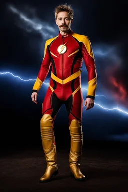 facial portrait, Head to waist image, Barry Allen, wearing his red Flash suit and gold boots, with (long, messy, blonde hair:1.3), mustache, goatee, bright, cobalt blue eyes, digital photograph, dark stained wall with fog in the background extremely colorful, foggy in the foreground, multicolored lightning and outer space in the background, professional quality digital photograph, ultra details, extremely sharp focus, the background of the image is a dark and tenebrous