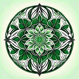 logo in a style of Mandala. Round. The logo depicts a mystical botanical motive. Thin lines. Ornament. Green