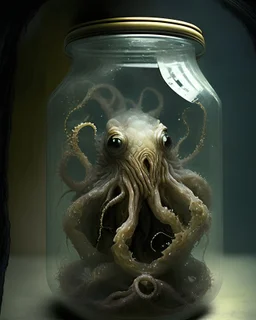 small realistic lovecraftian horror monster by Guillermo del Toro trapped in a jar