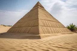 A tan pyramid on sandy ground designed in cave paintings