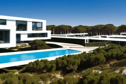 algarve in quinta do lago, one straight line building of two floors on a slope of pine trees, with a 250 meters long pool on the rooftop building, modernistic luxury architecture with wood and gold metallic pergolas with pool on rooftop, on a slope with pinus pinea, a road wrap around for low speed veicular road