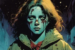 create a hardened, undead teenage Girl Scout, finely defined but decayed facial features, selling cookies in a suburban neighborhood, in the comic book art style of Mike Mignola, Bill Sienkiewicz and Jean Giraud Moebius, , highly detailed, grainy, gritty textures, , dramatic natural lighting