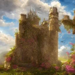 Epic Castle into sky, with flowers of fyre. Huge clouds and birds. Shy girl going out of the main gate. Detailed painting, sharp color, medieval, intricate detail, far sceen, realistic colors, medieval concept art. spring.