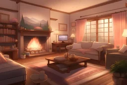 Craft a warm living room with a fireplace, family photos, and soft, pastel hues. Include subtle horror elements, such as flickering lights casting eerie shadows, family photos with faces that distort at times, or a painting that gradually changes over time. anime visual novel style