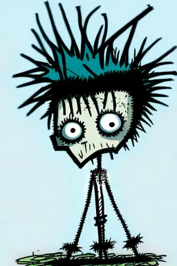 2d drawing of a stickman, cool with punk hair, x eyes like in hangman, dead on stomach ,3d realistic in colour