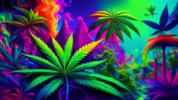 Rainbow colored Lush&vibrant marijuana utopia on pandora with bold&thick and rich neon colors
