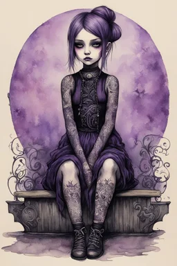 Petit girl goth many tattoos on his body, siting, fullbody, watercolor illustration by <John Kenn Mortensen>, purple tones,