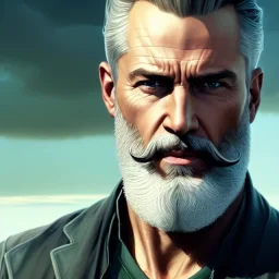 "MIddle aged white human male, with a trimmed but uneven beard, piercing green eyes with slick back hair,complete head and shoulders portrait, 8k resolution concept art portrait by Greg Rutkowski, Artgerm, WLOP, Alphonse Mucha dynamic lighting hyperdetailed intricately detailed Splash art trending on Artstation triadic colors Unreal Engine 5 volumetric lighting Splash art fantasy"