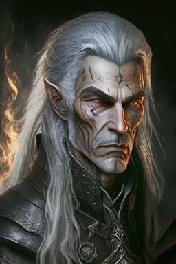 ancient grizzled, gnarled elf mage, he has long, grey hair streaked with black, highly detailed facial features, and sharp cheekbones. His eyes are black. He wears weathered medieval leather clothes. he is lean and tall, with pale skin, full body with thigh high leather boots and has a dark malevolent aura within swirling maelstrom of ethereal chaos in the comic book style of Bill Sienkiewicz and Jean Giraud Moebius in ink wash and watercolor