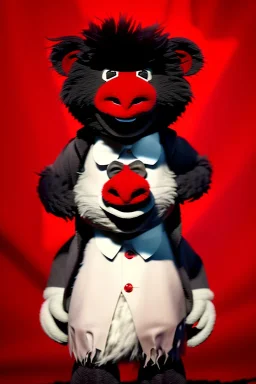 Waist up muppet Portrait, Kim Jong-un muppet doll, black suit, photo studio, red background, unreal engine 5, concept art, art station, god lights, ray tracing, RTX, lumen lighting, ultra detail, volumetric lighting, 3d.