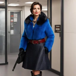 [in a police office] a brunette 40 yo woman with a blue pullover, a short fur coat, and a skirt with dark flowers. She wears dark leather boots, she wears a collar with red pearls and has clear eyes