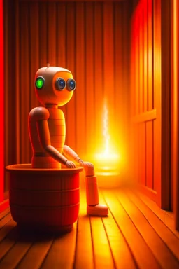 cute chat robot sitting in a barrell in the narrow walled sauna, its such a perfect day i am glad i spent it with you, motion blur, smoke, 4k, downlight, soft light, depth of field, photorealism, trending on art station