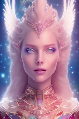 1 full body shot,masterpiece galactic pink metalic, cosmic princesse belle fine, profil de trois quart, grand front cosmique, peau blanc cristalline pailletée, yeux bleu, perle sur le front long cheveux blond et rose etoilé, cristaux sur le corps, collier de grande princesse, levres souriante, très jolie sourire, longs cheveux blonds,ailes roses transparents, costume galactique bleu metallisé,