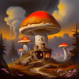 A rustic white, orange and yellow (((mushroom house))) perched atop a (tall geologic pillar), surrounded by a ((( rainbow haze ))), offset by the subtle hues of an (dark space scape), within. captured by the hand a skilled master painter with a focus on (hard bold compositions and voluminous lighting).detailed matte painting, deep color, fantastical, intricate detail, splash screen, exaggerated colors, fantasy concept art, 8k resolution