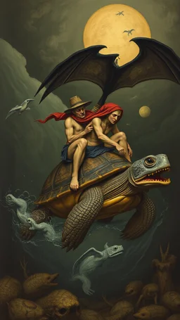 Hieronymus Bosch style nightmares men on riding a turtle