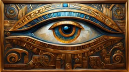 acrylic illustration, acrylic paint, oily sketch, Egyptian motif, A metallic bas relief of the Eye of Horus on a wall surrounded by hieroglyphics well lit cinematic bright incandescent lighting