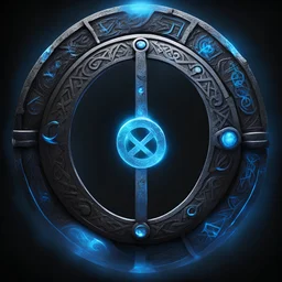 ring with runes, black background, blue lighting, icon