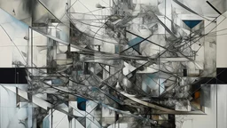 Painting of structures with shifting perspectives, letters, figures, surreal fusion of limbs, dynamic dance flow, drawing masterpiece, Bauhaus, dream, minimalist carousel of collage selections, white cubic space.