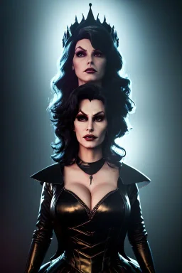 lisa ann as evil queen in black leather gown, cleavage, angry, stern look, unreal 5, octane render,cinema4d, dynamic lighting, dramatic lighting, 4k, redshift render, highly detailed, hyper realistic