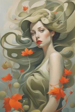 art by James Jean, abstract, oil painting, surreal illustration of Miss Fall, gray and olive green