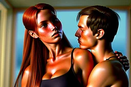 digital art of beautiful auburn hair teenage laracroft girls with grandpa in a bedroom, hugging dad bare lips