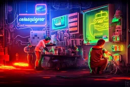 engineer cleaning batteries of cyborgs,centered, detailed, 8k, fabrik , arbeit, sklaverei,cyberpunk art, neon signs, wide angle,