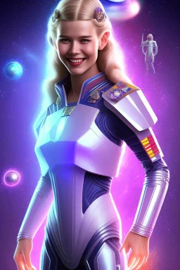 young cosmic woman smile, admiral from the future, one fine whole face, crystalline skin, expressive blue eyes,rainbow, smiling lips, very nice smile, costume pleiadian, Beautiful tall woman pleiadian Galactic commander, ship, perfect datailed golden galactic suit, high rank, long blond hair, hand whit five perfect detailed finger, amazing big blue eyes, smilling mouth, high drfinition lips, cosmic happiness, bright colors, blue, pink, gold, jewels, realist, purple hairs