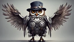 An cyborg owl , in a hat and boots, fantasy, dreamlike, surrealist, grumpy, mechanic, tools wings spread open