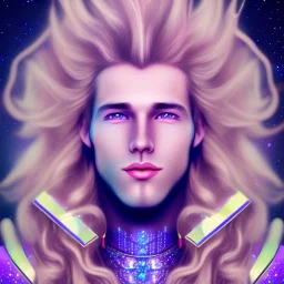 smiling beautifull long hair blond man face with cristal diamond on the forehead , cosmic armor and cosmic purple and blue sky behind