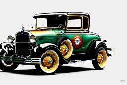 a true-to-life 1928 ford model a sedan, classic wheels, centered, intricate, extreme detailed, photorealism, center view, suburb background, pivot on ford, pen and color marker, painting by cheryl kelley