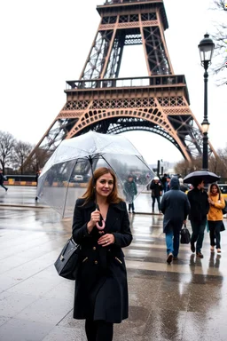 around Eiffel tower a few people with umbrella walking while it is raining and the Eiffel is seen complete,a pertty lady with nice umbrella is comming to camera