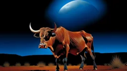 A brown bull with exaggerated muscles standing on a red ground with a blue sky and a full moon in the background