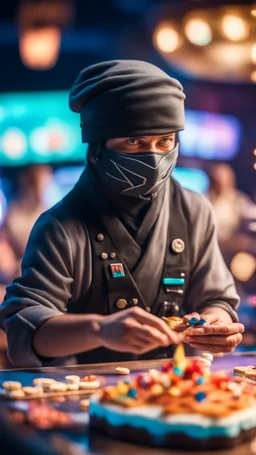 portrait of wilderness ninja baking the highest cake during a casino game show, bokeh like f/0.8, tilt-shift lens 8k, high detail, smooth render, down-light, unreal engine, prize winning