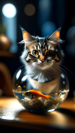 portrait of confused old cat holding a glass bowl with 2d animated gold fishes and sharks in glass nursery having grown beaks and claws, bokeh like f/0.8, tilt-shift lens 8k, high detail, smooth render, down-light, unreal engine, prize winning