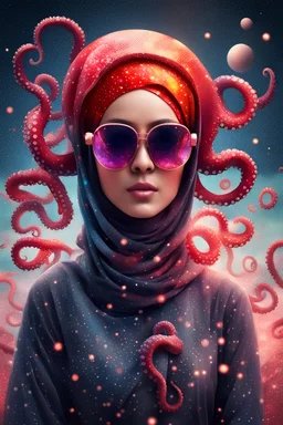 woman hijab indonesia clutching an octopus, red hair, octopus on head, falling comets, reflective sunglasses, heavy rain, outer space, shooting stars, dramatic light, laser beams, space war, battlefield face made of dots, pointillism, dotted multicolored shapes, symmetrical, digital art, hologram, virtual reality, digitized structure, ultra detailed, 3d render, trending on, by addiedigi